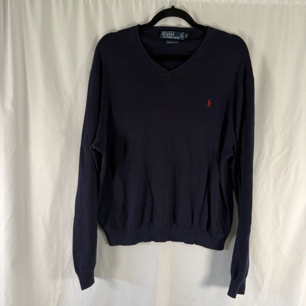 Polo Ralph Lauren Sweater Men's XL Blue Vneck 100% Pima Cotton Red Pony